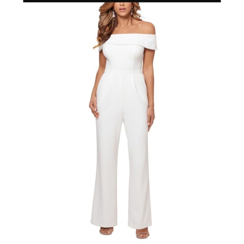 Xscape Womens Sz 8P White Off-The-Shoulder Jumpsuit Bride Engagement Coastal